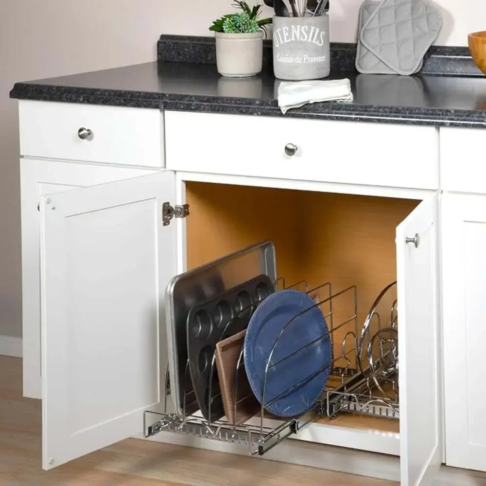 Pull Out Bakeware Organizer for Cutting Boards & Trays, Adjustable Cabinet Rack